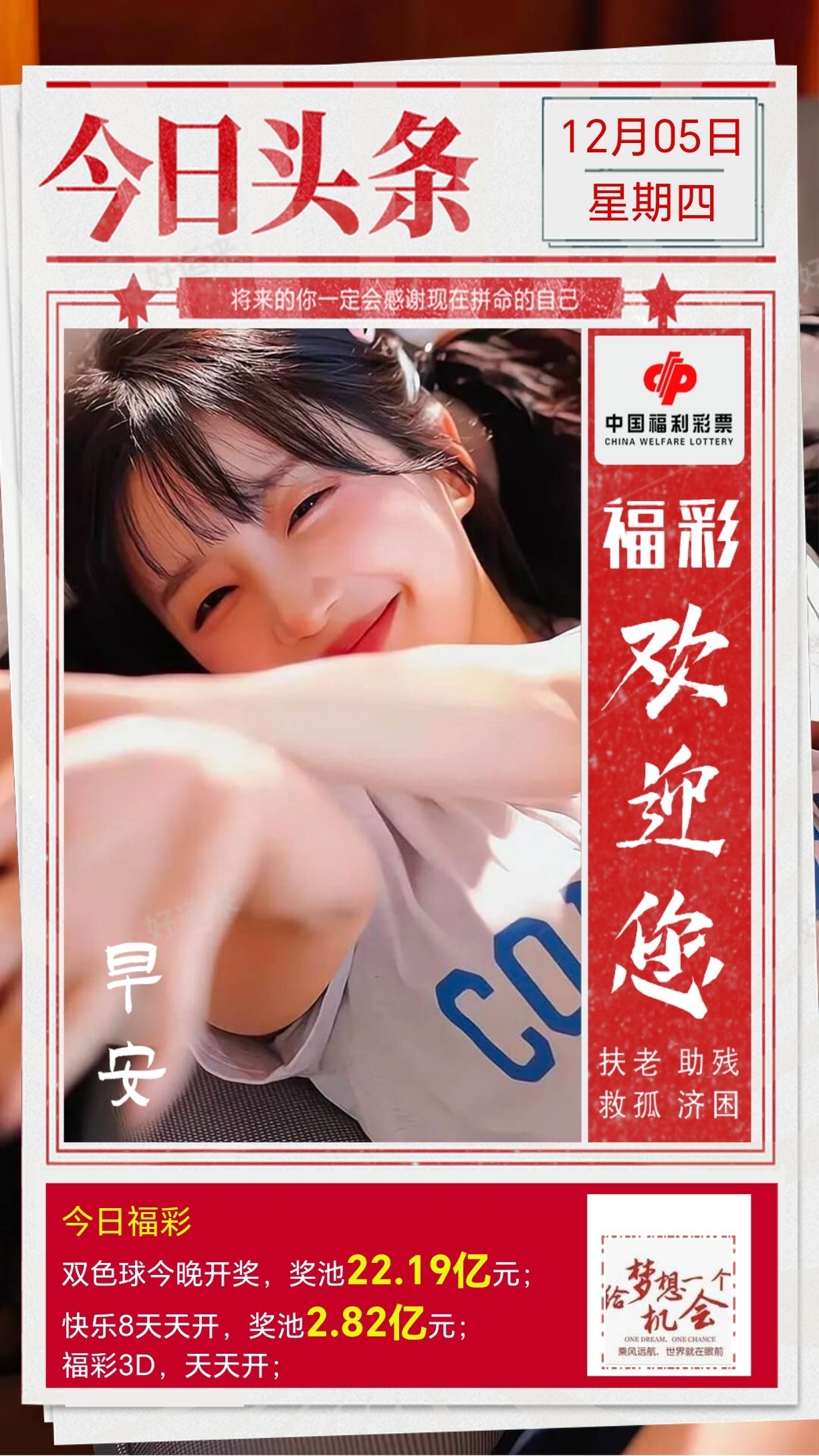 12月5日【周四】今日开双色球、福彩3D、快乐8 双色球奖池高达22.19亿元； 快乐8奖池高达2.82亿元；