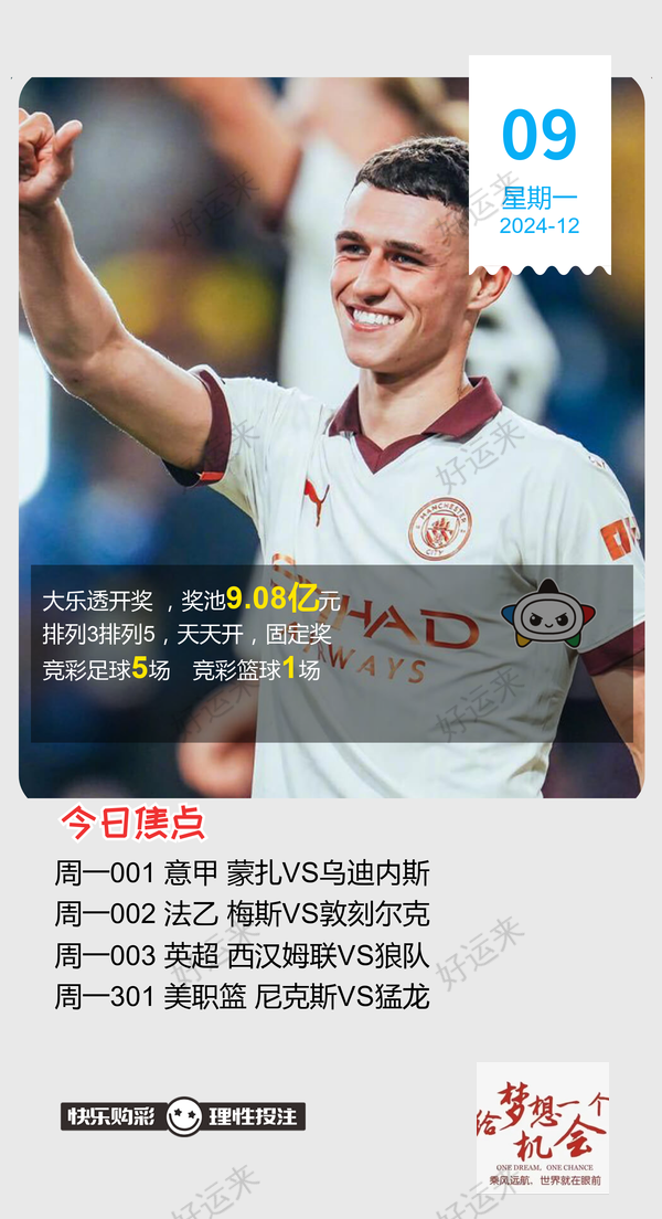 12月09日周一足球篮球赛事预告 ⚽️竞彩足球5场 ⚽️ 竞彩篮球️1场 晚上22:00点截止