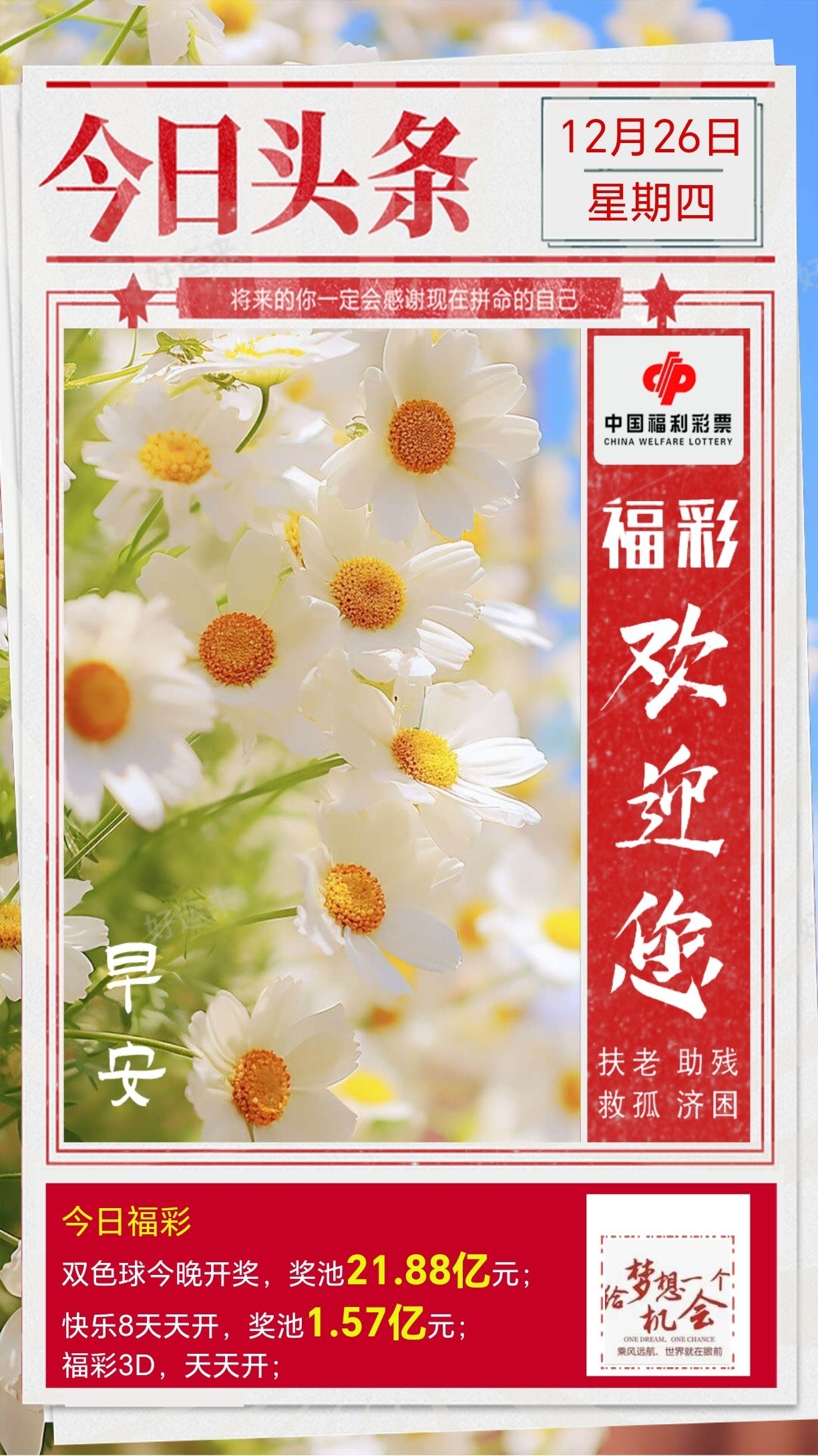 【周四】今日开双色球、福彩3D、快乐8 双色球奖池高达21.88亿元； 快乐8奖池高达1.57亿元；