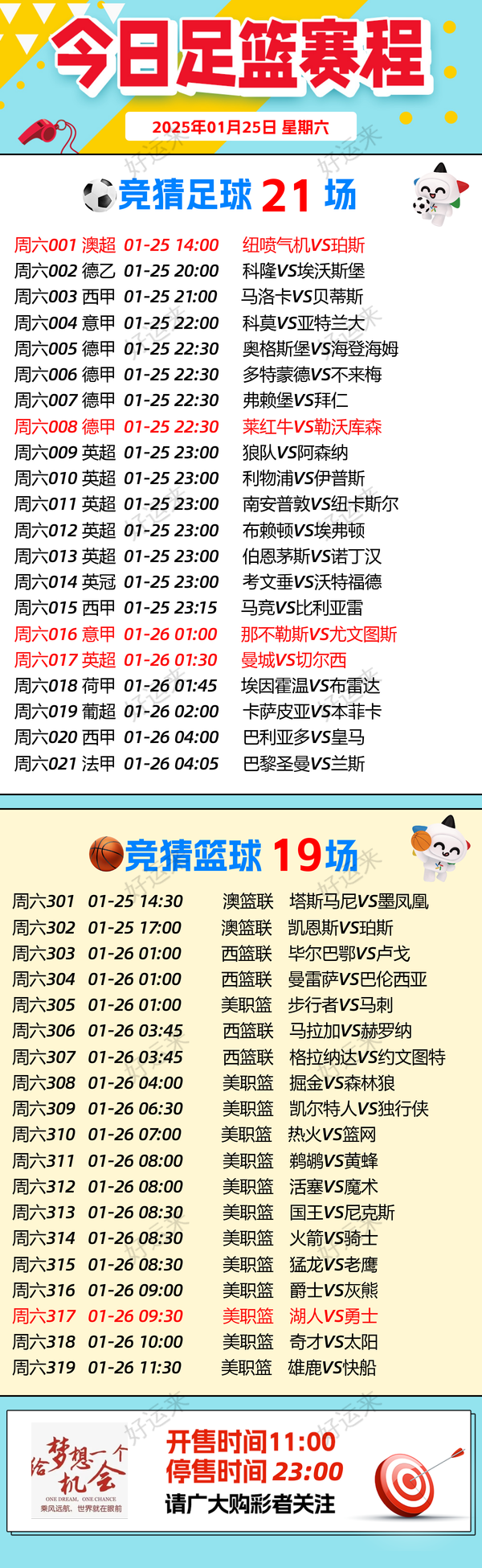【早安·周六】  今日⚽️足球21场，单关4场⚽️。 篮球️19场，单关1场。早场14点，晚上十一点停售， 公益彩票 乐善人生