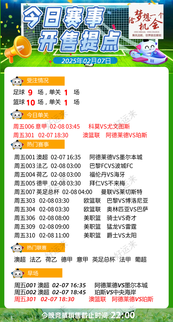 2月7日周五 ⚽️足球9场，单关1场⚽️篮球️10场，公益彩票 乐善人生