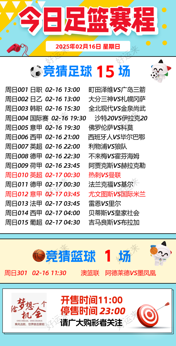 【早安·周日】 排列3、排列5、天天开，固定奖。 7星彩今晚开奖，奖池3.05亿。 足球15场，单关2场。 篮球️1场，单关1场。公益彩票 乐善人生