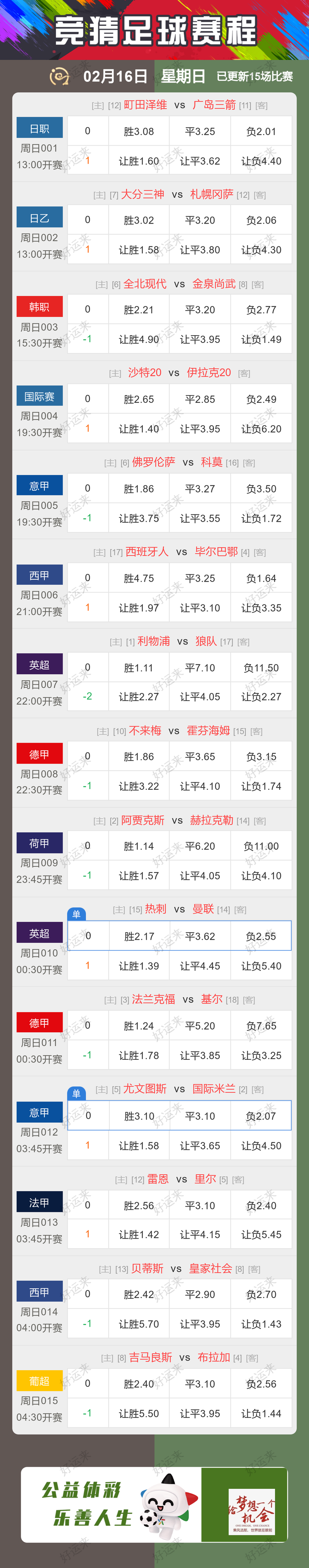 【早安·周日】 排列3、排列5、天天开，固定奖。 7星彩今晚开奖，奖池3.05亿。 足球15场，单关2场。 篮球️1场，单关1场。公益彩票 乐善人生