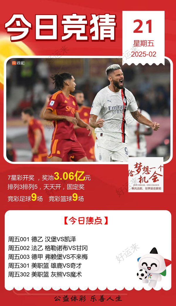 2月21日周五赛事预告 ⚽️竞彩足球9场 ⚽️ 竞彩篮球️9场 晚上22:00点截止