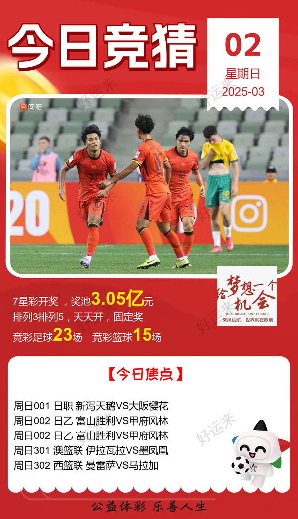 3月2日周日 ⚽️足球23场，单关3场⚽️篮球️15场，公益彩票 乐善人生