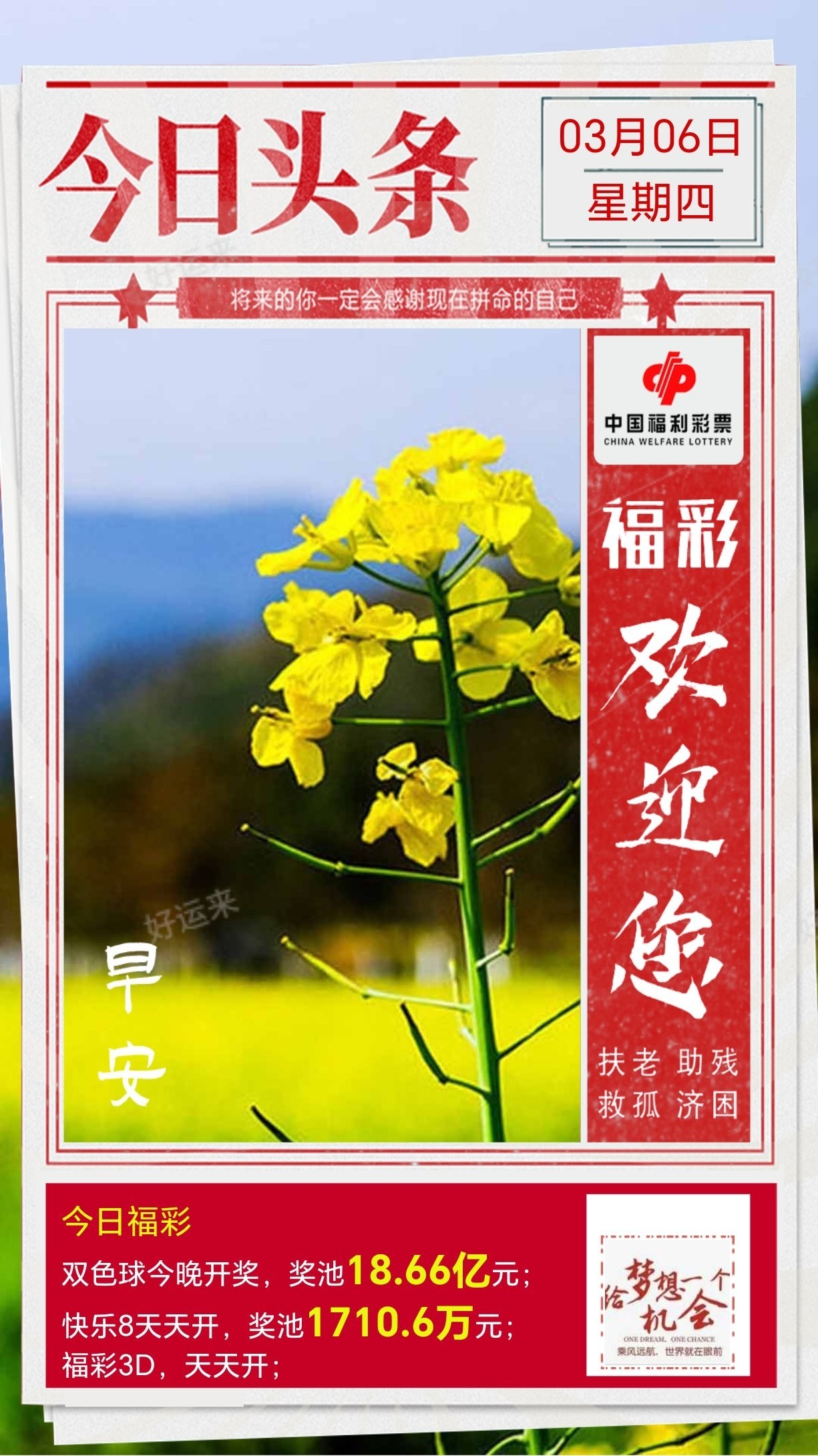 3月6日周四今日开双色球、福彩3D、快乐8 双色球奖池高达18.66亿元； 快乐8奖池高达1710.6万元；