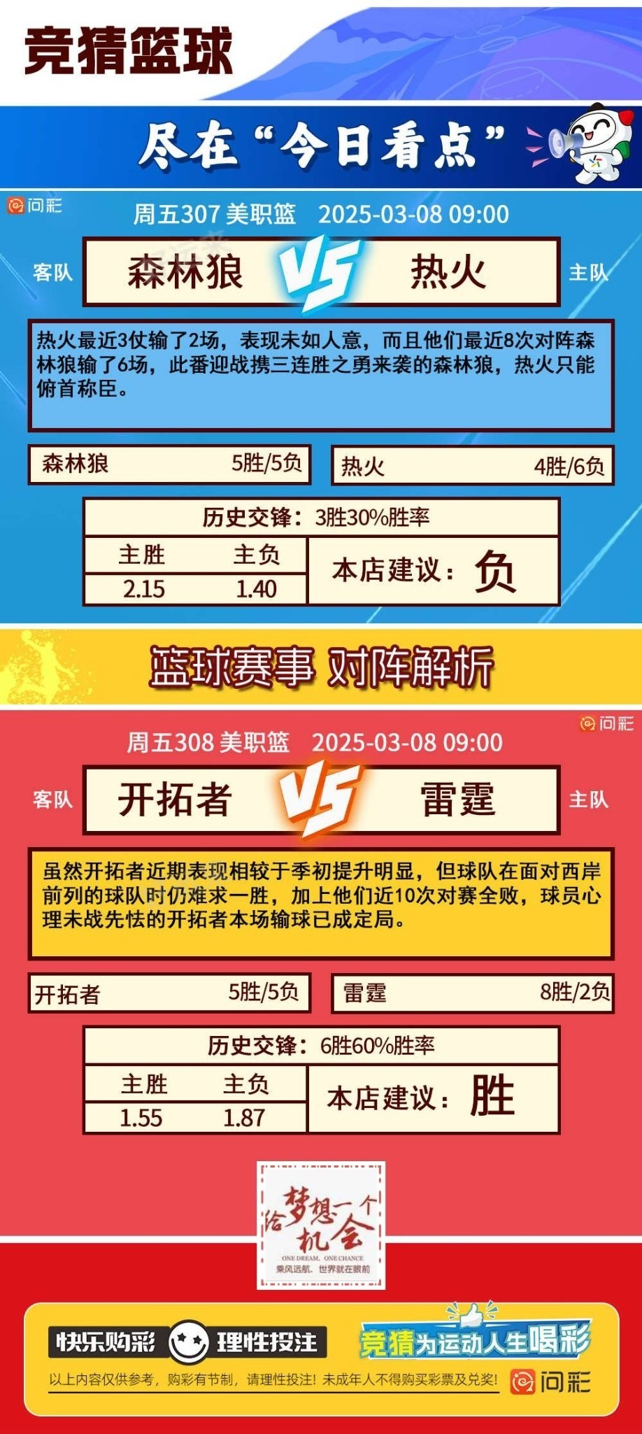 3月7月周五 ⚽️足球8场，单关1场。 篮球️11场，单关1场。 公益彩票 乐善人生。晚上十点停售！
