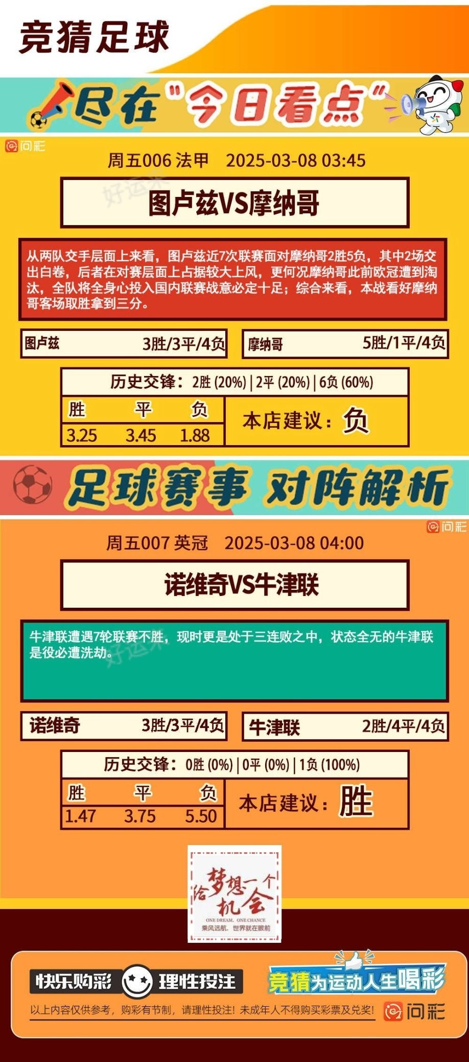 3月7月周五 ⚽️足球8场，单关1场。 篮球️11场，单关1场。 公益彩票 乐善人生。晚上十点停售！
