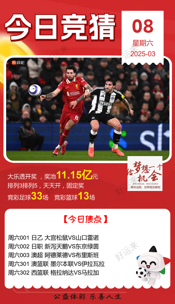 3月8日周六 ⚽️足球33场，单关4场⚽️篮球️13场，公益彩票 乐善人生