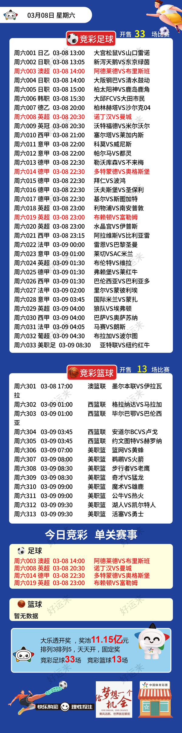 3月8日周六 ⚽️足球33场，单关4场⚽️篮球️13场，公益彩票 乐善人生