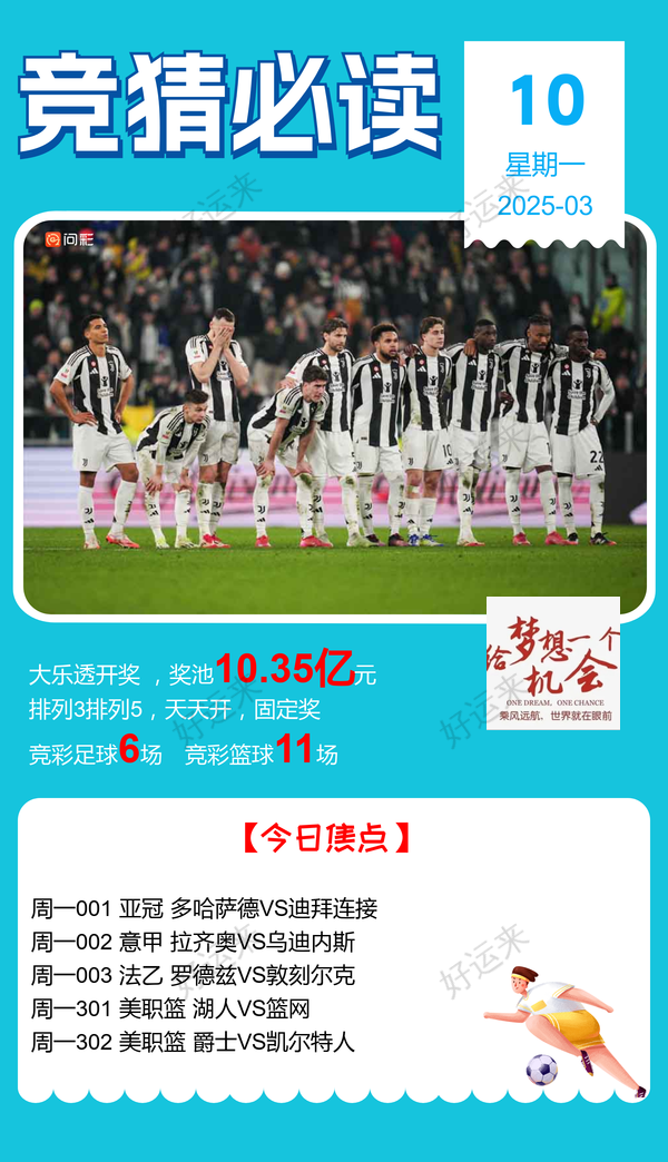 3月10日周一 足球篮球赛事预告，⚽️足球6场，单关1场⚽️。 篮球️11场，单关1场公益彩票 乐善人生