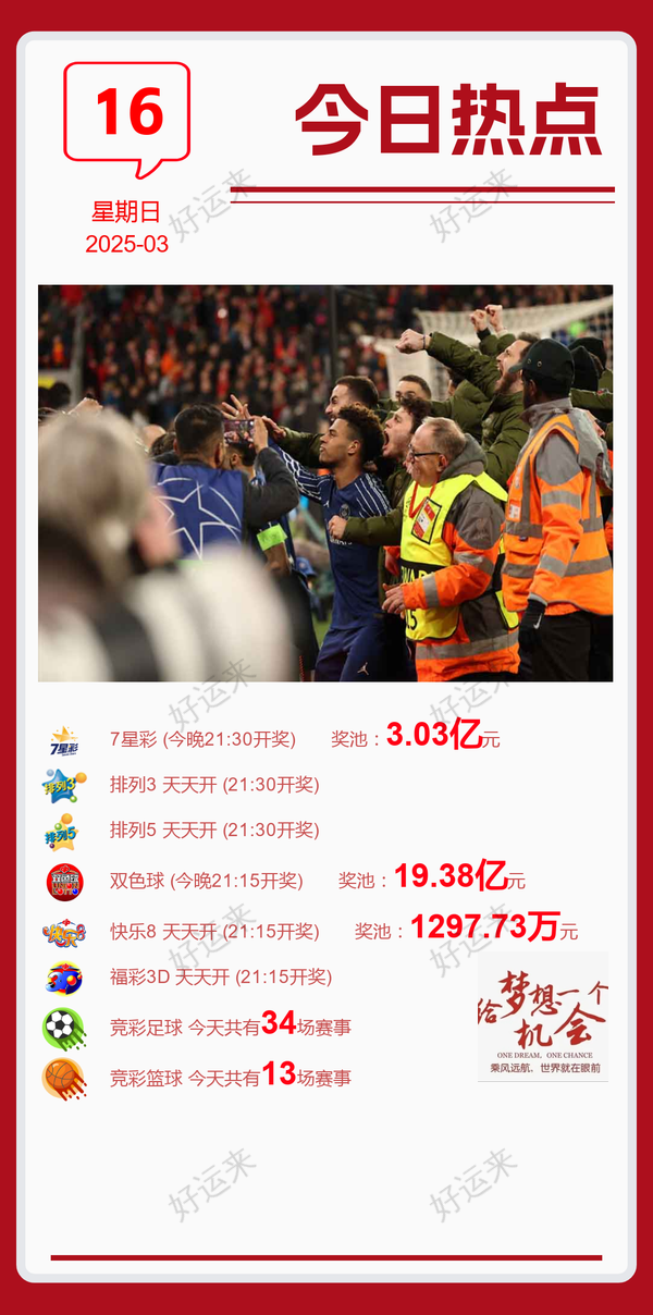03月16日赛事预告  ⚽️竞彩足球34场，早场8场 ⚽️ 竞彩篮球️13场 晚上23:00点截止