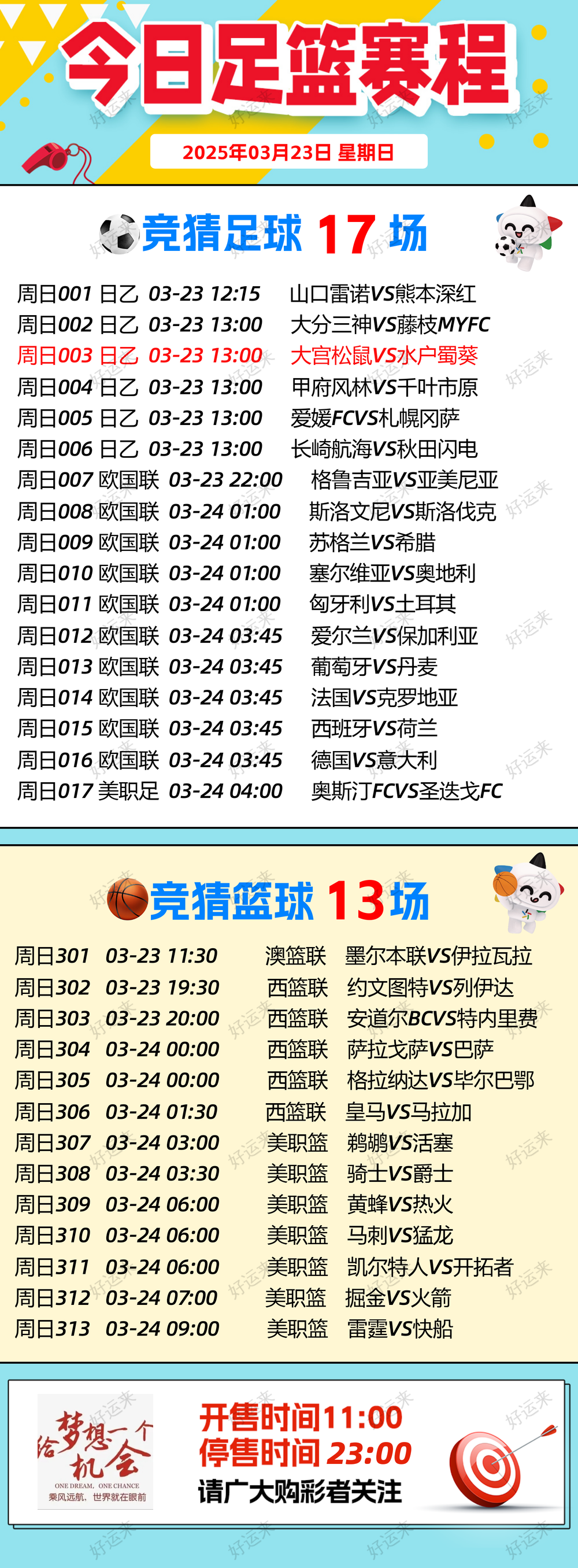 03月23日赛事预告  ⚽️竞彩足球17场，早场6场 ⚽️ 竞彩篮球️13场 。晚上23:00点截止