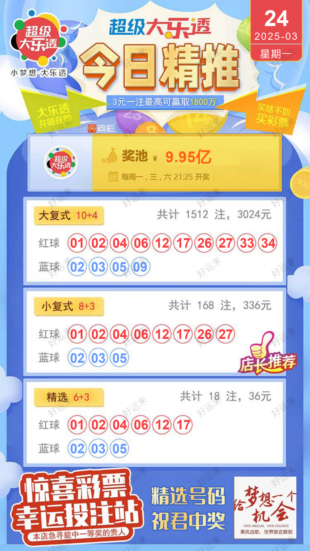 早安·周一    大乐透今晚开奖，奖池9.95亿。 排列3、排列5、天天开，固定奖。 快乐8今晚开奖，奖池4057.58万。福彩3D、天天开，固定奖。你的坚持终将美好！