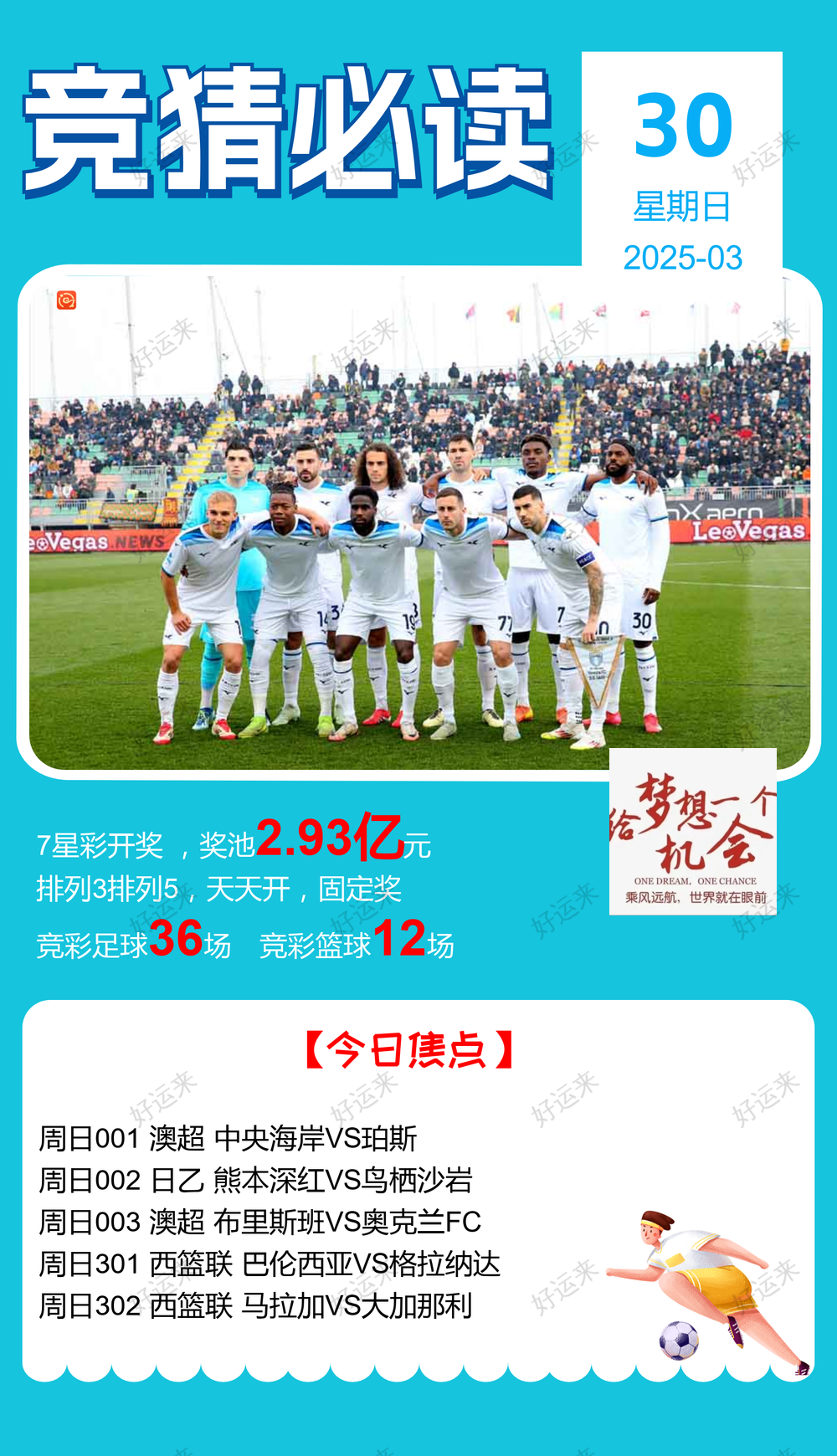 3月30日周日 ⚽️足球36场，单关5场⚽️。 篮球️12场，单关1场公益彩票 乐善人生