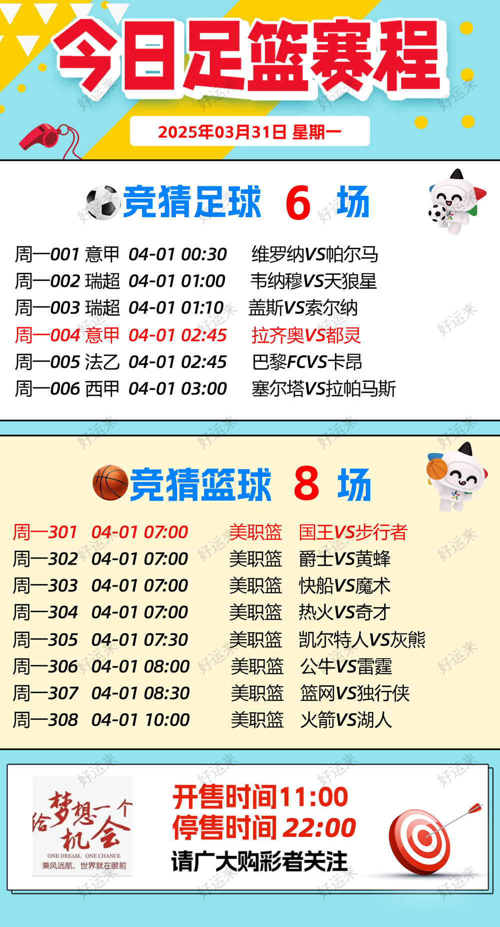 03月31日赛事预告  ⚽️竞彩足球6场 竞彩篮球️8场 晚上22:00点截止