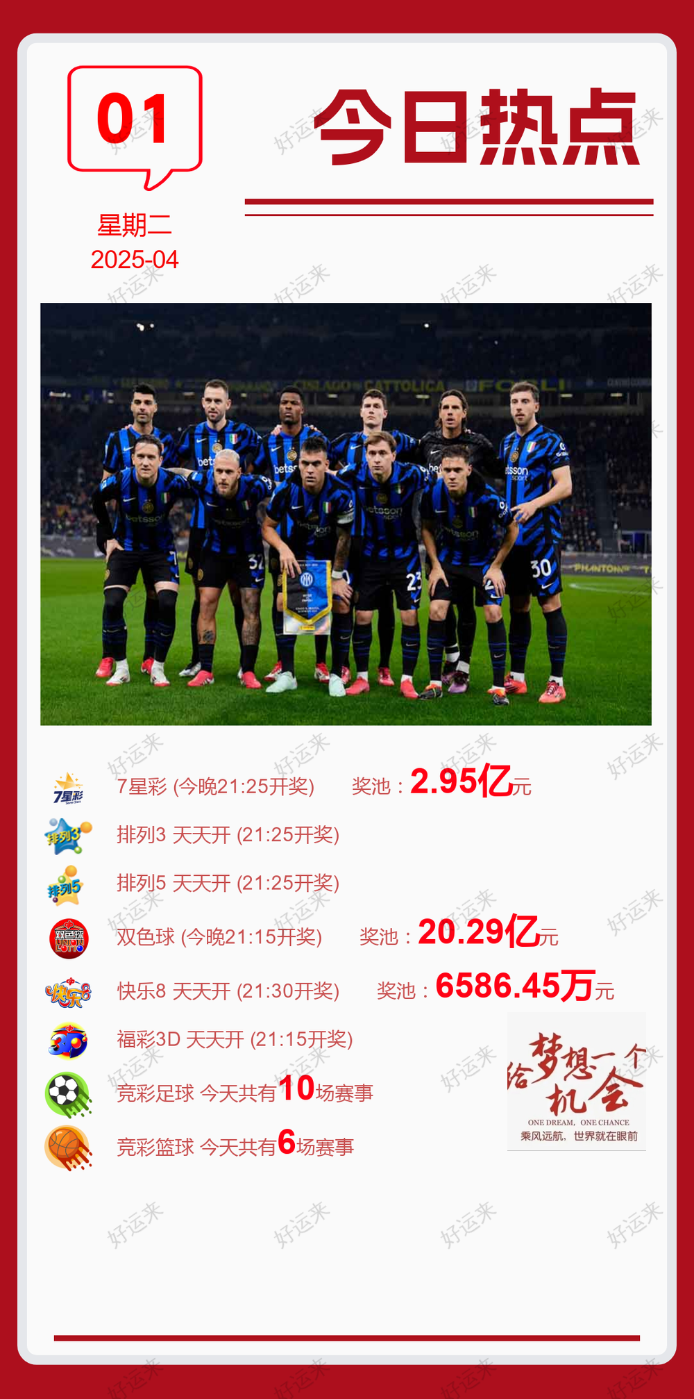 04月01日赛事预告 竞彩足球10场，早场1场 ⚽️ 竞彩篮球️6场 晚上22:00点截止