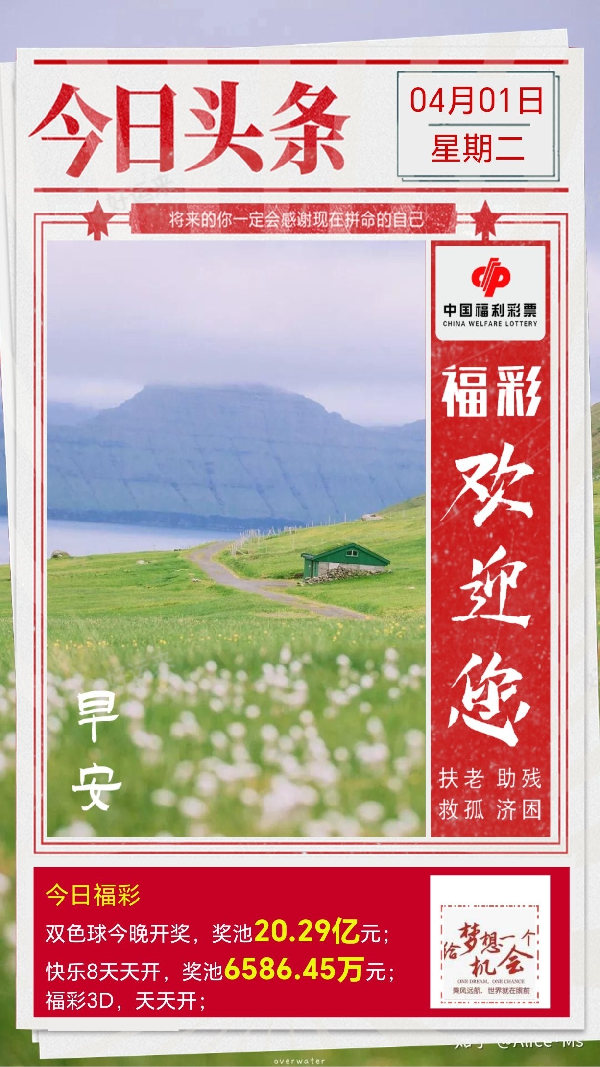 4月1日周二今日开双色球、福彩3D、快乐8 加奖今日开始，双色球奖池高达20.29亿元； 快乐8奖池高达6586.45万元；