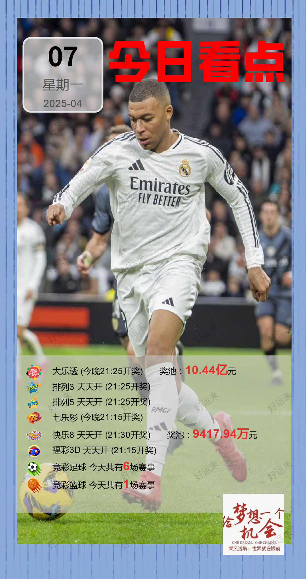 04月07日赛事预告  ⚽️竞彩足球6场 ⚽️ 竞彩篮球️1场 晚上22:00点截止