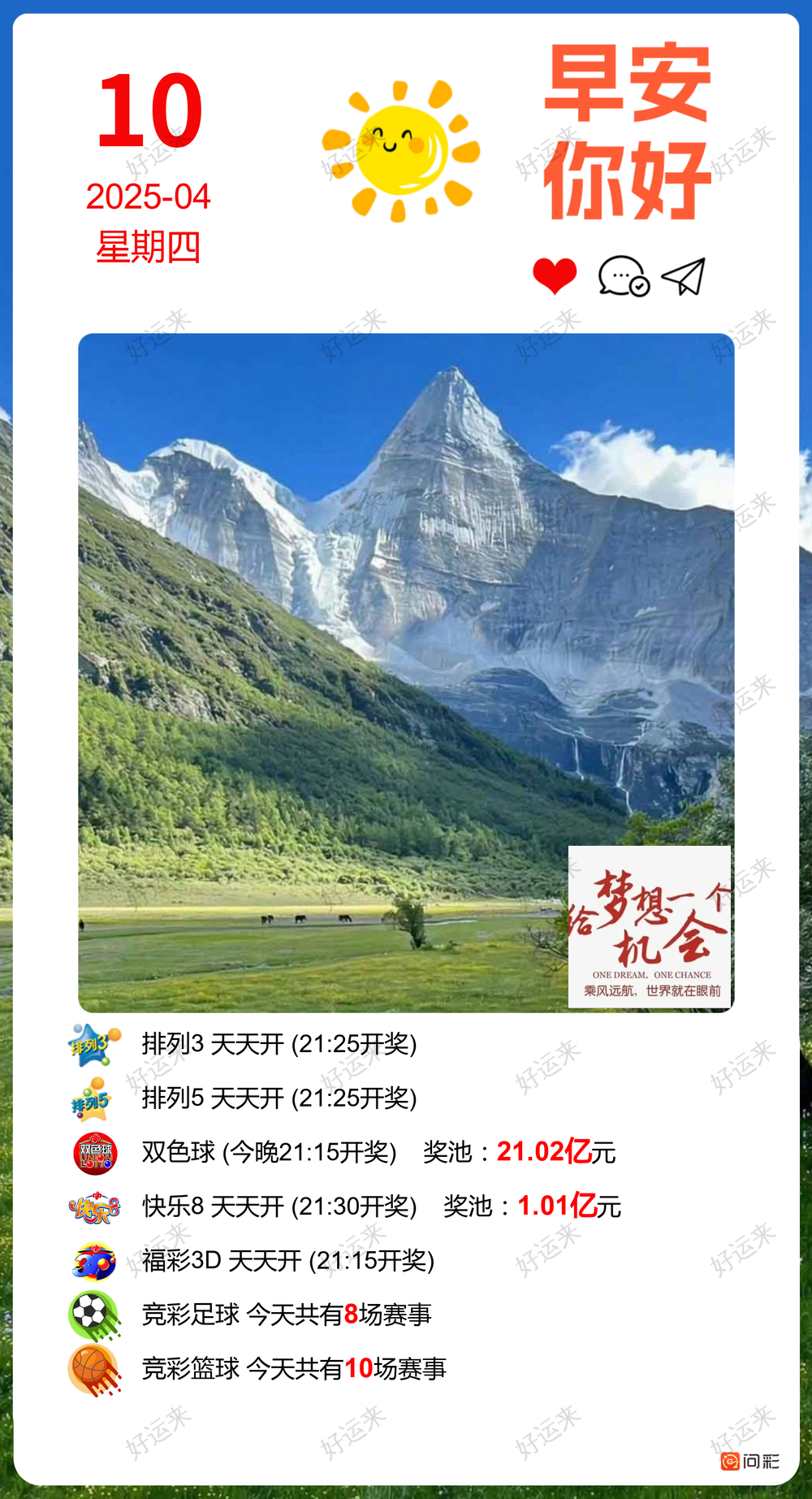 早安·周四   双色球今晚开奖，奖池21.02亿。 快乐8今晚开奖，奖池1.01亿。 排三、排五、福彩3D、天天开，固定奖。祝你早中大奖！