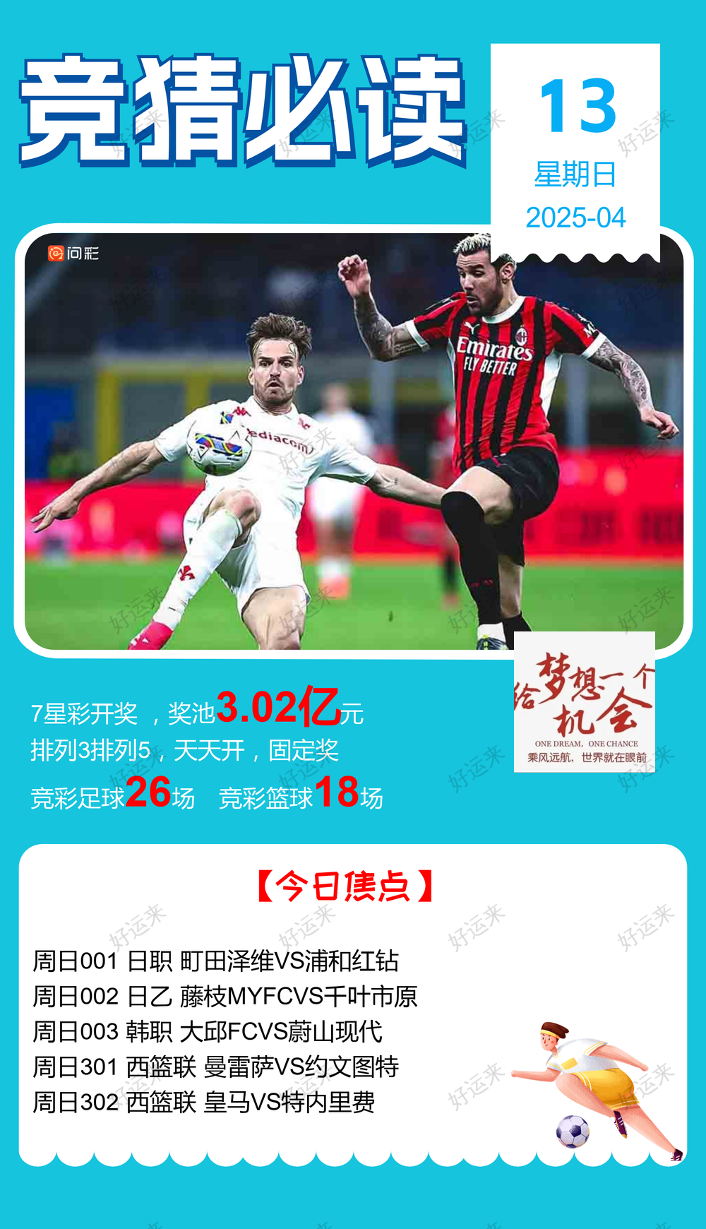 【4月13日周日】  ⚽️足球26场，单关2场⚽️。 篮球️18场，单关1场公益彩票 乐善人生
