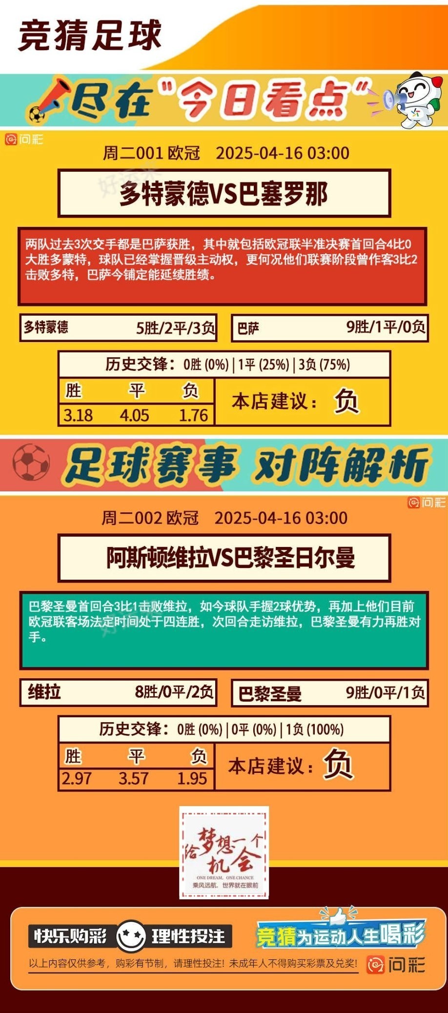 04月15日赛事预告  ⚽️竞彩足球2场 ⚽️竞彩篮球️4场 晚上22:00点截止