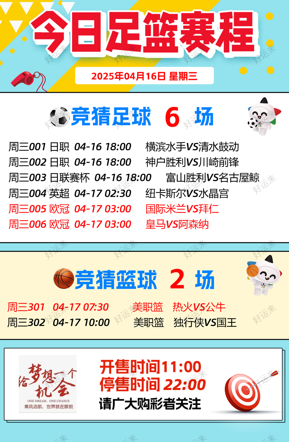 4月16日赛事预告  ⚽️竞彩足球6场，早场3场 ⚽️ 竞彩篮球️2场晚上22:00点截止