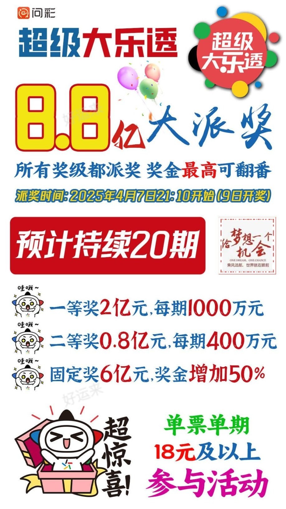 早安·周六   大乐透今晚开奖，奖池11.1亿。 排列3、排列5、天天开，固定奖。 快乐8今晚开奖，奖池1.07亿。 福彩3D、天天开，固定奖。