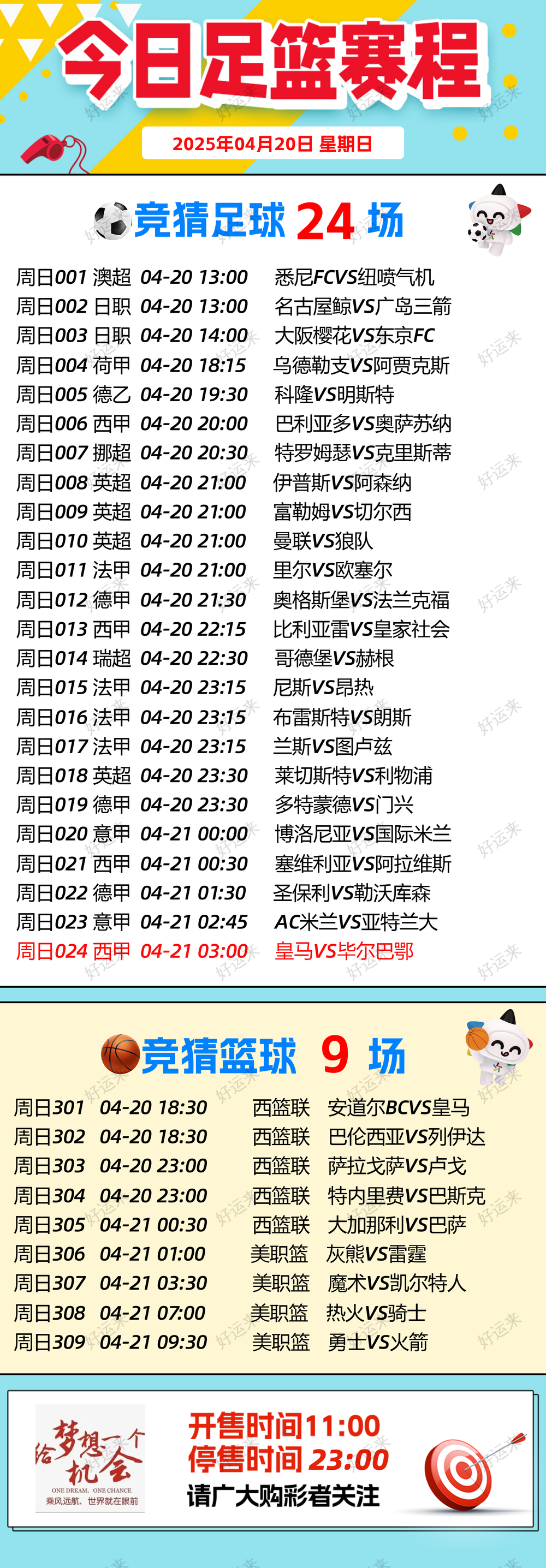04月20日赛事预告  ⚽️竞彩足球24场，早场5场 ，早场13点。竞彩篮球️9场，早场18:30分。 晚上23:00点截止