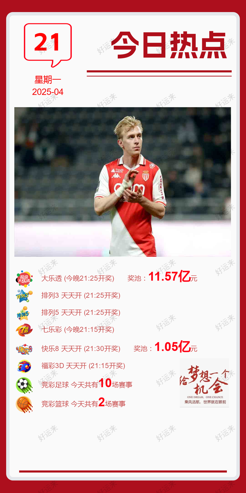 早安·周一 大乐透今晚开奖，奖池11.57亿。 排列3、排列5、天天开，固定奖。 快乐8今晚开奖，奖池1.05亿。 福彩3D、天天开，固定奖。 七乐彩今晚开奖，奖池0元。