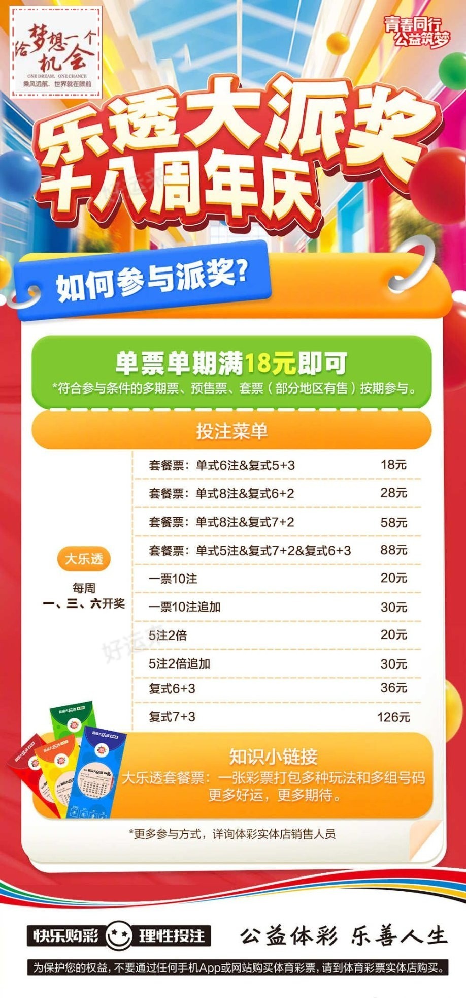 早安·周一 大乐透今晚开奖，奖池11.57亿。 排列3、排列5、天天开，固定奖。 快乐8今晚开奖，奖池1.05亿。 福彩3D、天天开，固定奖。 七乐彩今晚开奖，奖池0元。