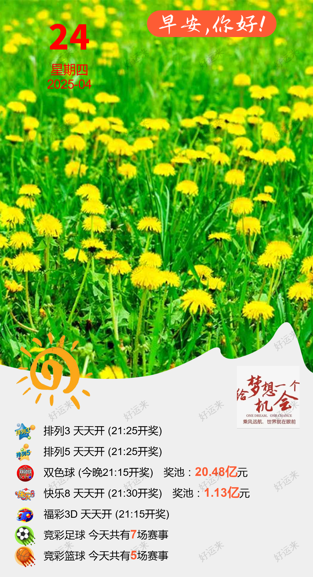 4月24日周四 双色球今晚开奖，奖池20.48亿。 快乐8今晚开奖，奖池1.13亿。 福彩3D、天天开，固定奖。