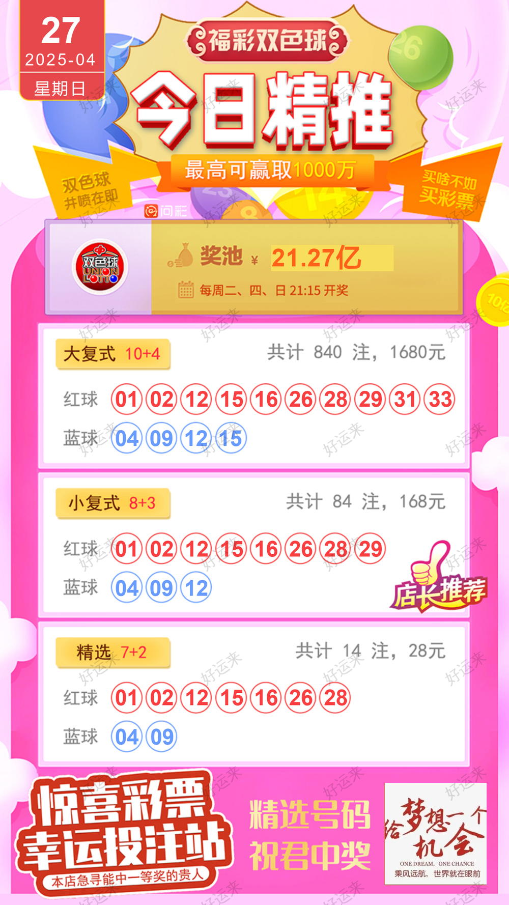 早安·周日   今日开7星彩、排列3、排列5、双色球、福彩3D、快乐8 7星彩奖池高达2.95亿元； 双色球奖池高达21.27亿元； 快乐8奖池高达1.12亿元！祝你好运早中大奖！