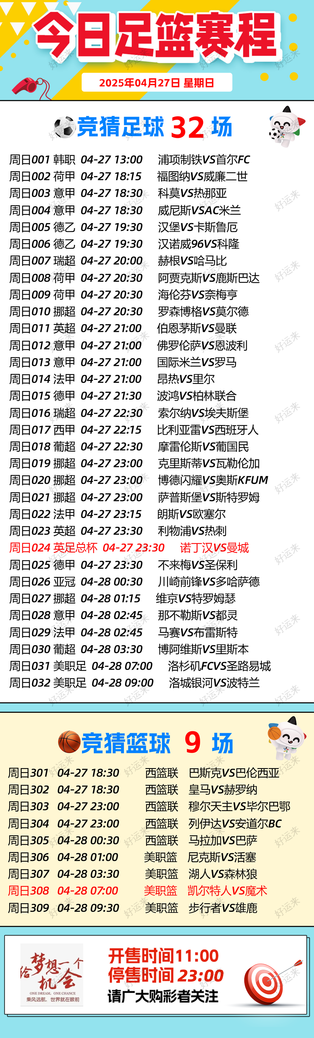 04月27日赛事预告  ⚽️竞彩足球32场，早场6场 ⚽️ 竞彩篮球️9场 晚上23:00点截止