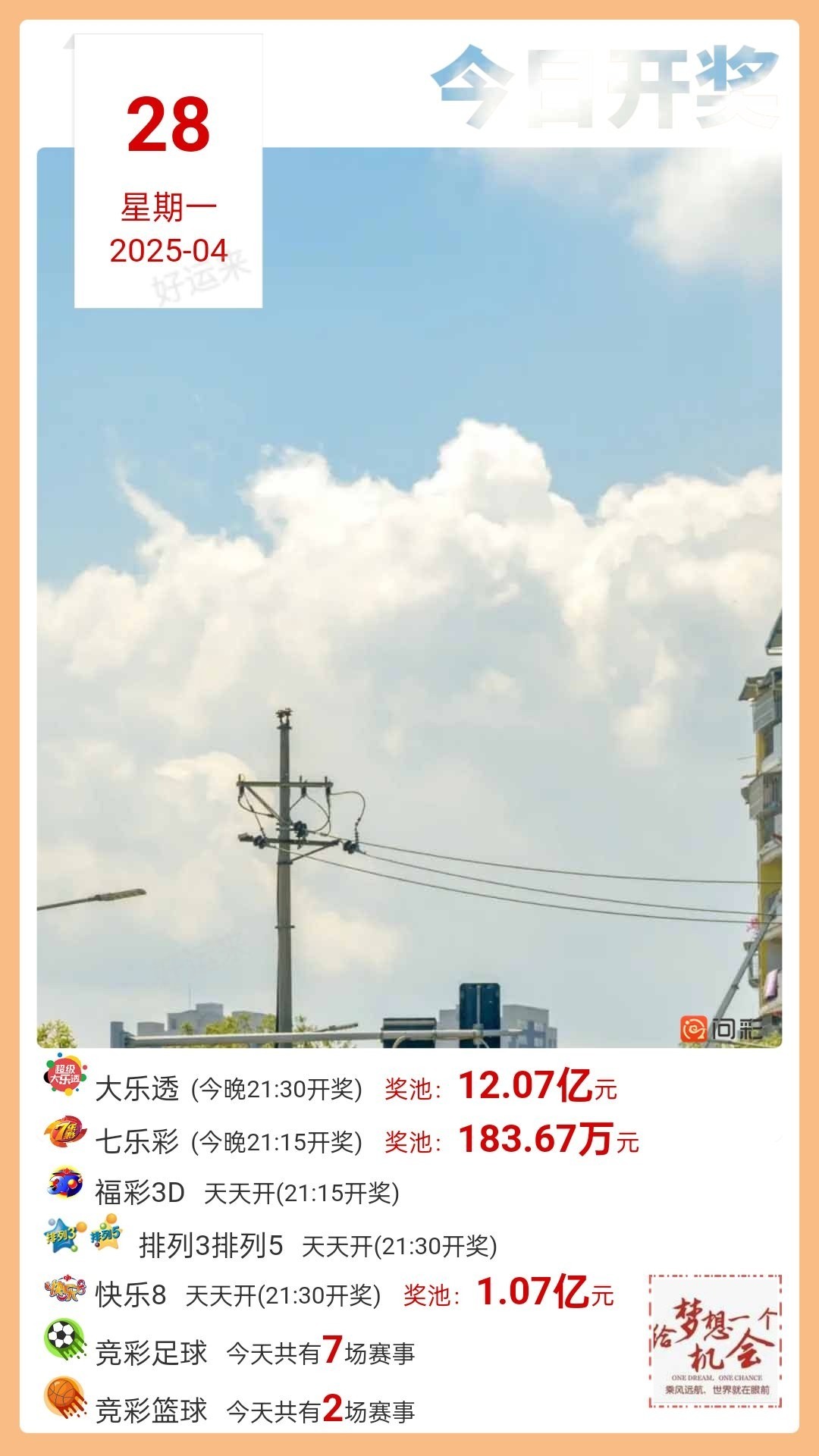 早安·周一   今日开大乐透、排列3、排列5、七乐彩、福彩3D、快乐8 大乐透奖池高达12.07亿元； 七乐彩奖池高达183.67万元； 快乐8奖池高达1.07亿元； 你的坚持终将美好！