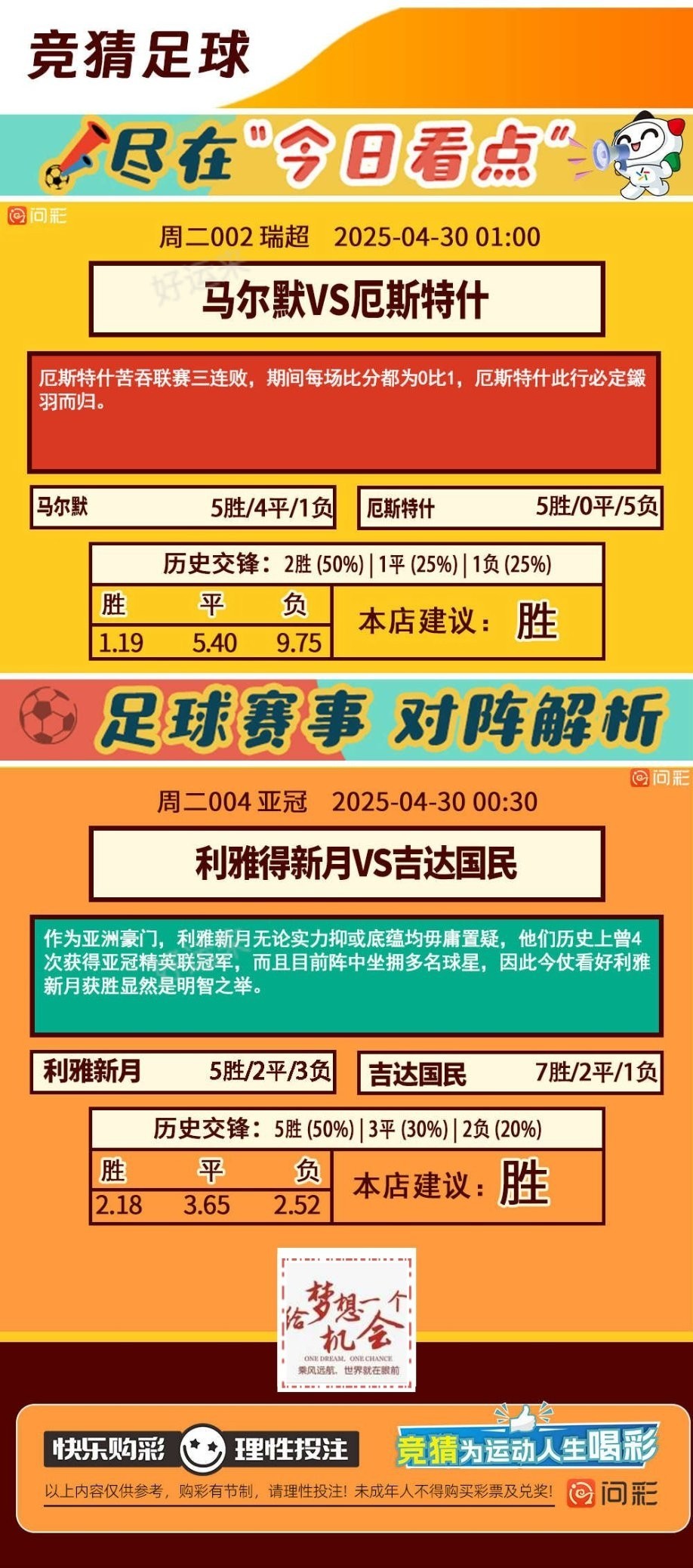 04月29日赛事预告  ⚽️竞彩足球4场，早场2点 ⚽️ 竞彩篮球️6场 晚上22:00点截止
