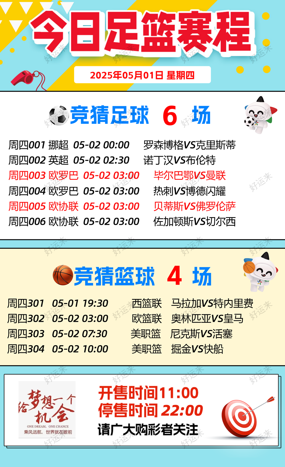 05月01日赛事预告  ⚽️竞彩足球6场 ⚽️ 竞彩篮球️4场 晚上22:00点截止