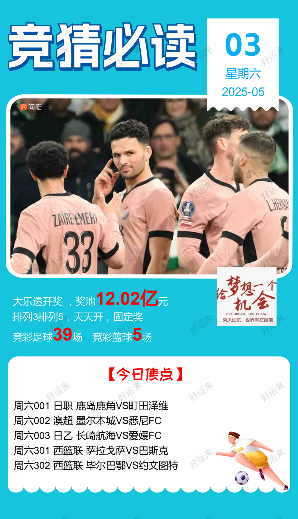 5月03日周六赛事预告 ⚽️竞彩足球39场，早场10场 ⚽️ 竞彩篮球️5场 晚上23:00点截止