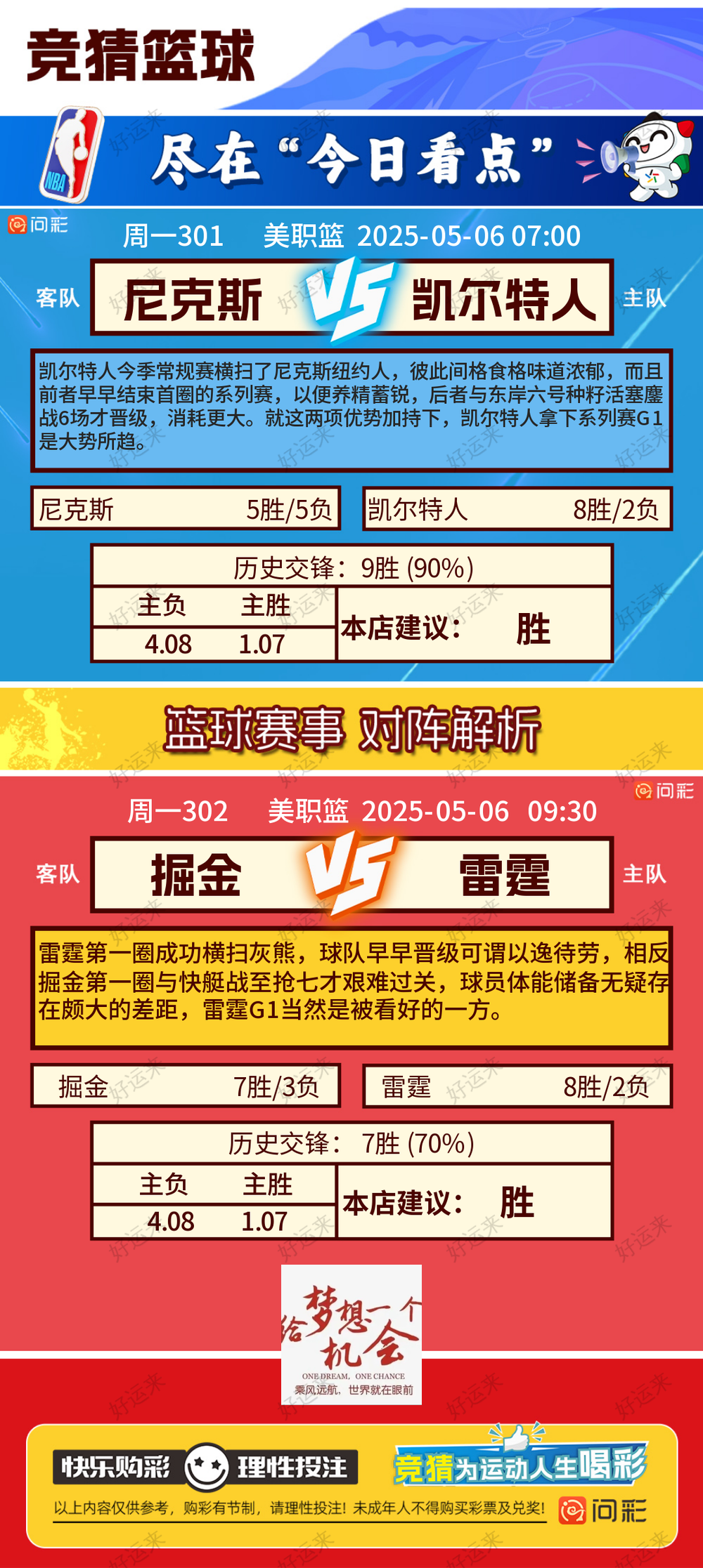 05月05日赛事预告  ⚽️竞彩足球8场，早场2场 ⚽️ 竞彩篮球️2场 晚上22:00点截止