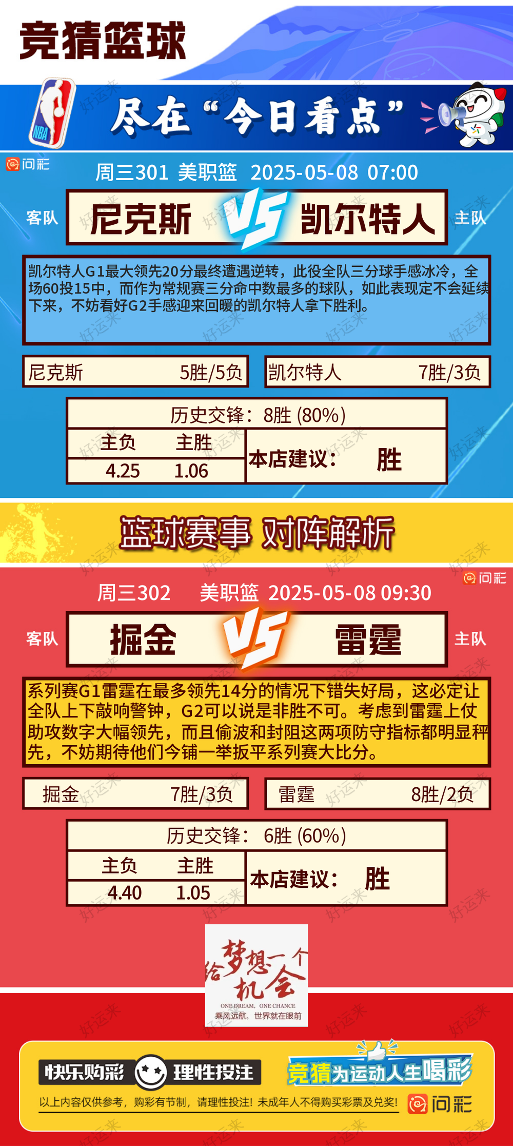 05月07日赛事预告 ⚽竞彩足球2场，早场1场  竞彩篮球️2场 晚上22:00点截止