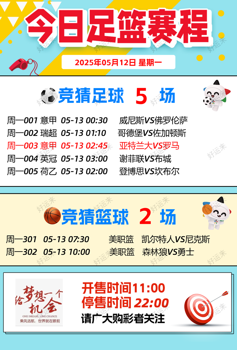 05月12日赛事预告  ⚽️竞彩足球5场 ⚽️ 竞彩篮球️2场 晚上22:00点截止